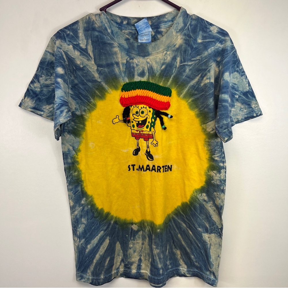 Vintage Sponge Bob Rasta Marley Tie Dye TShirt Sz S Tourist Y2ks Caribbeans